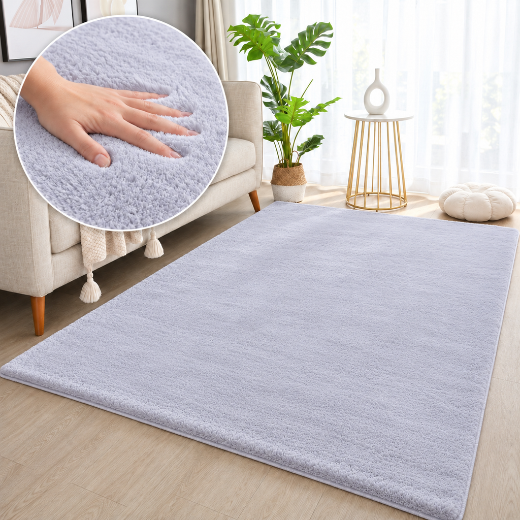 Pouffy Silber - weicher Teppich in Wohnraum mit Hand als Detailansicht